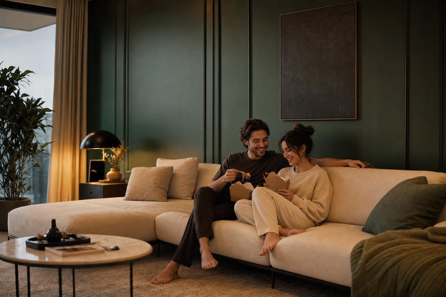 Couple laughing over dinner on a spotless sofa in warm evening light