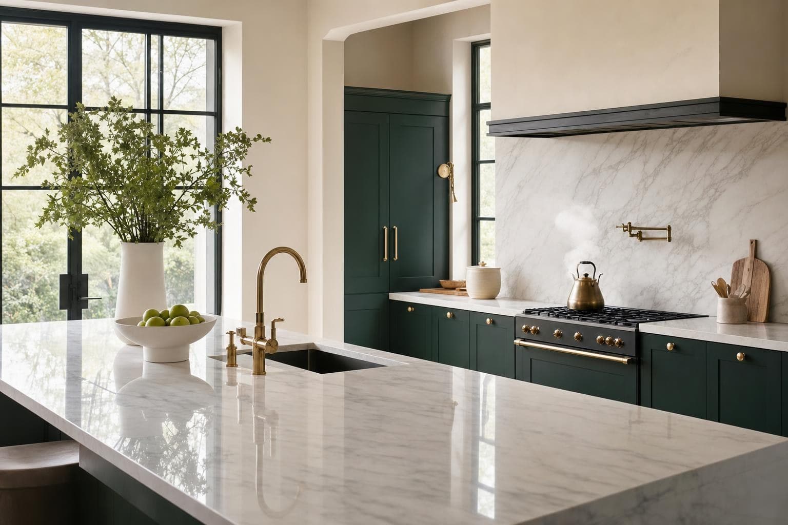 Pristine minimalist kitchen with marble island and emerald cabinetry after a KLNER deep clean