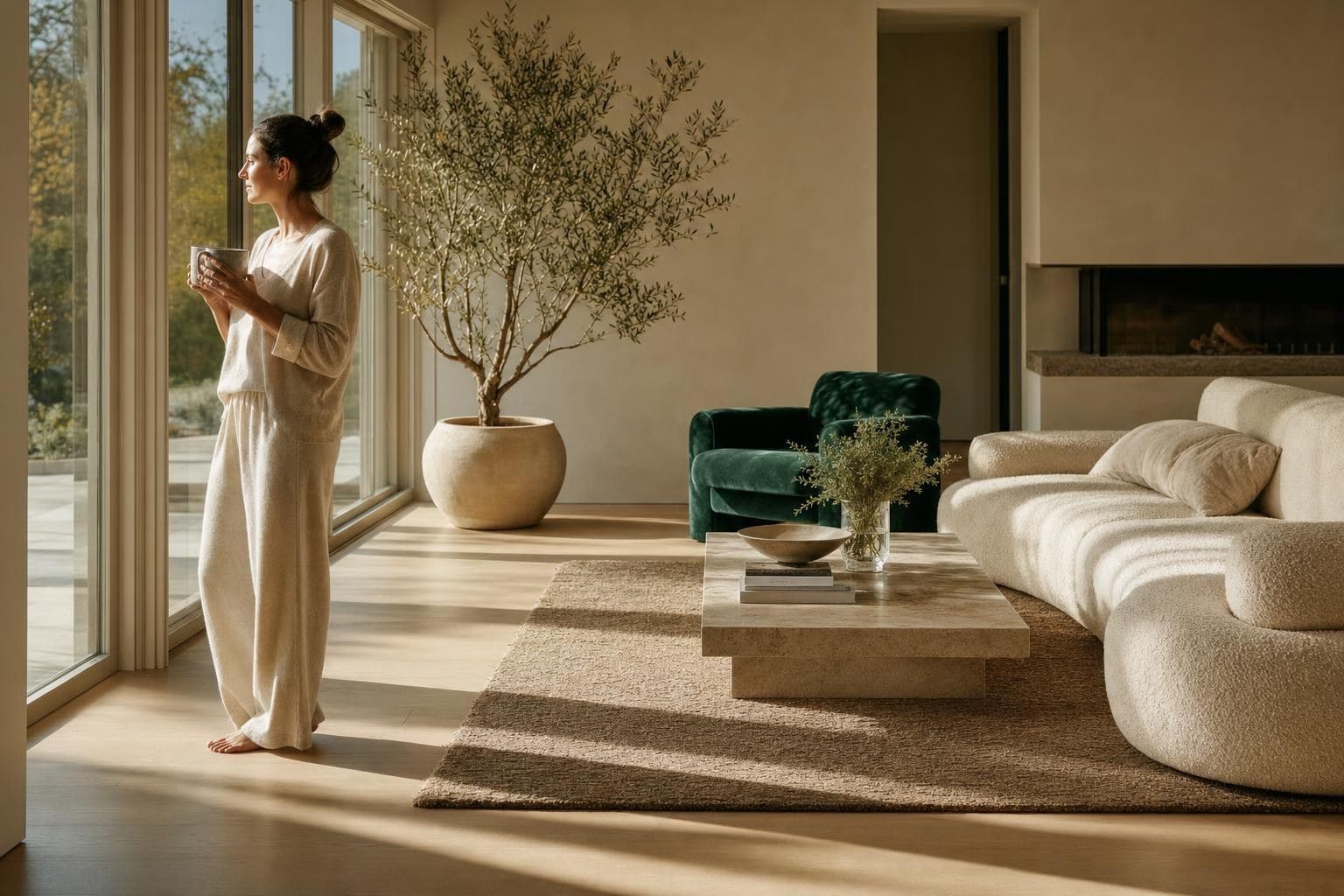Sunlit living room the morning after a KLNER clean, a happy customer at the window with coffee