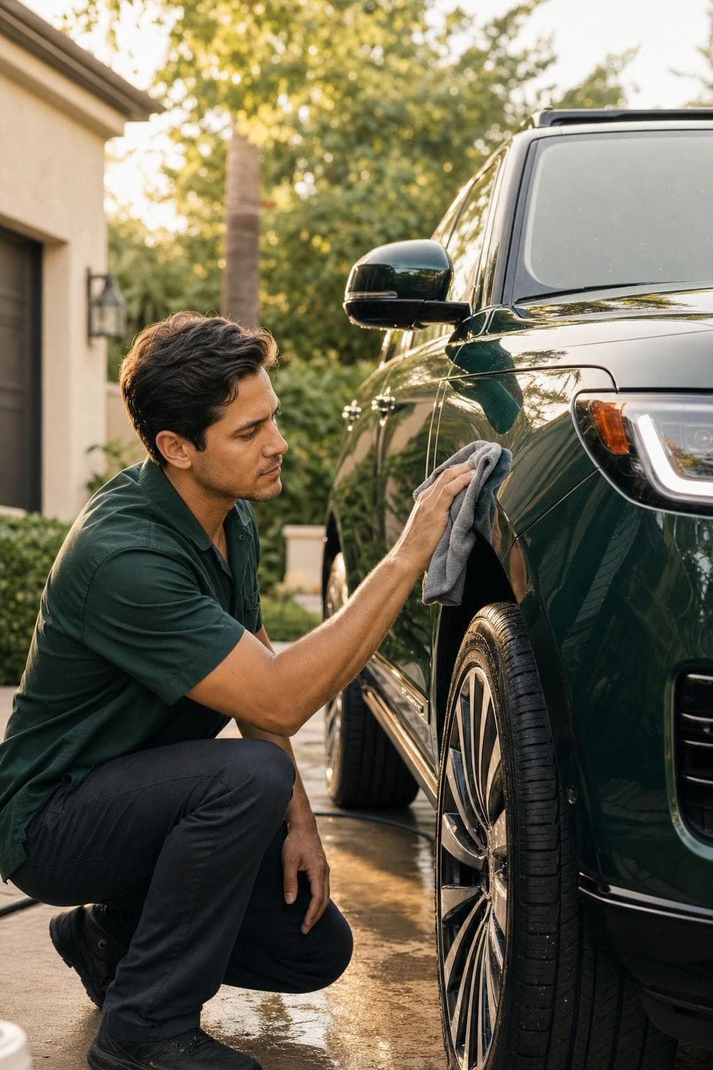 Mobile detailer hand-polishing an emerald SUV in a driveway at golden hour