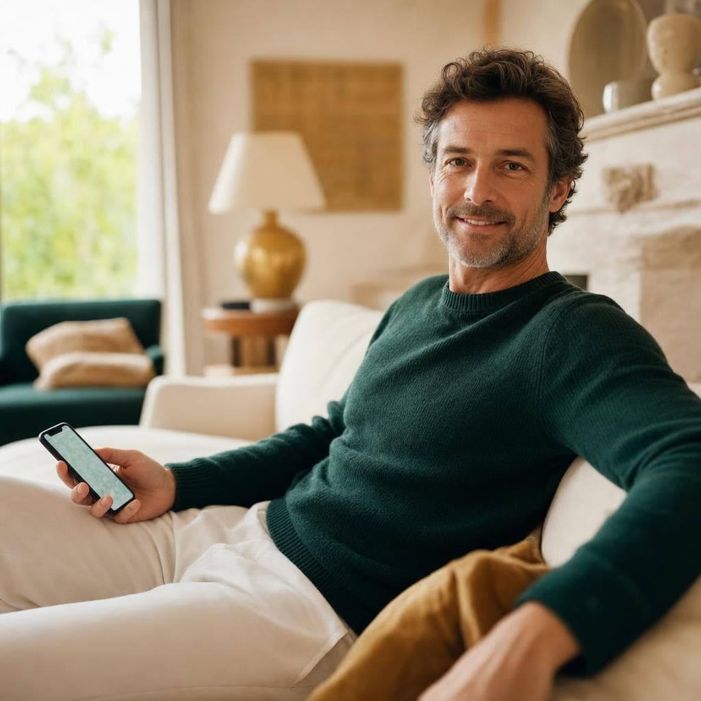 Relaxed customer booking a clean from his phone on a cream sofa