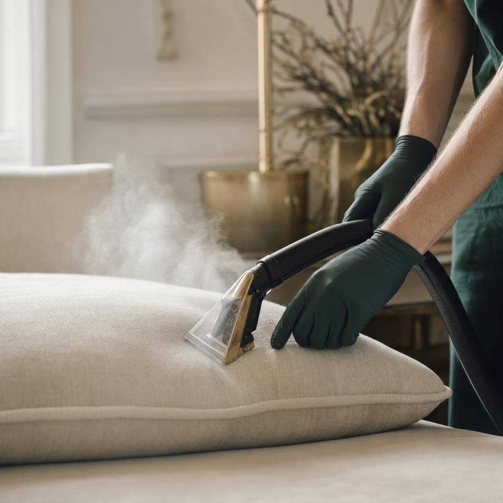 Gloved hands steaming a cream linen sofa cushion in window light
