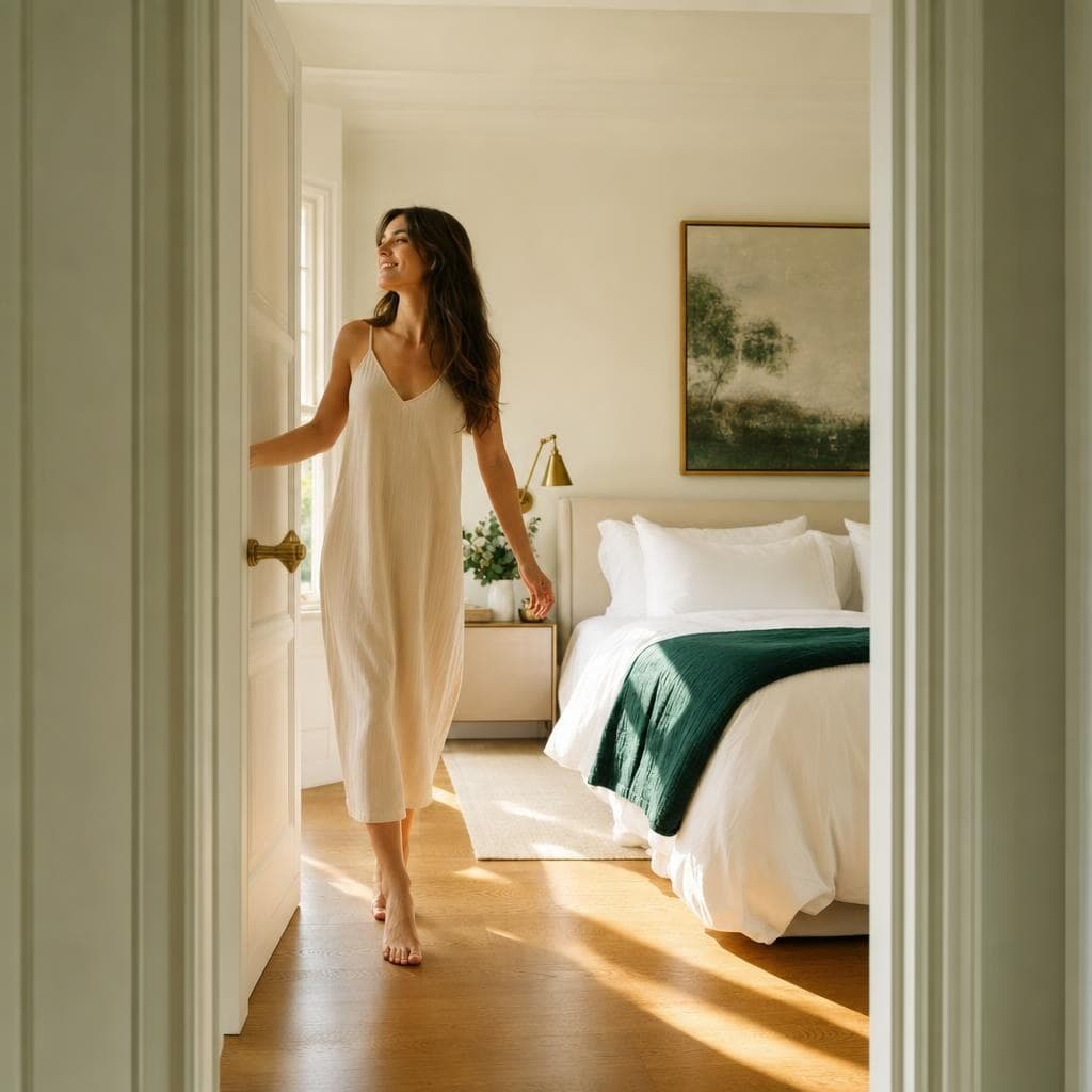 Woman stepping into a bright, immaculate bedroom with crisp white bedding