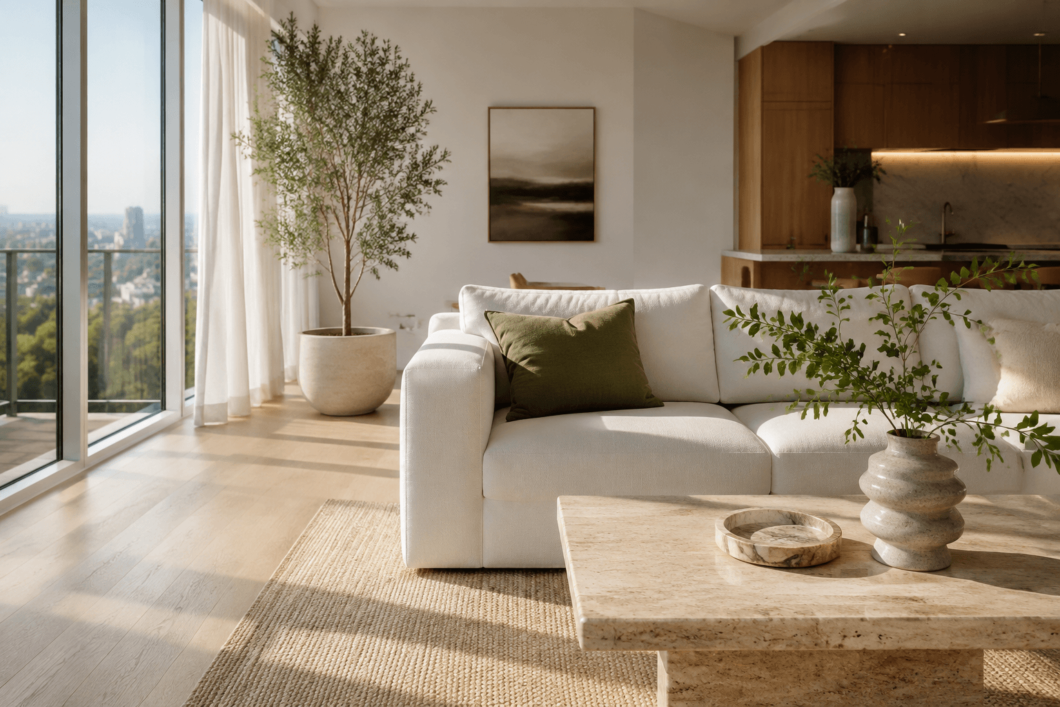 A quiet, light-filled living room with a freshly cared-for home