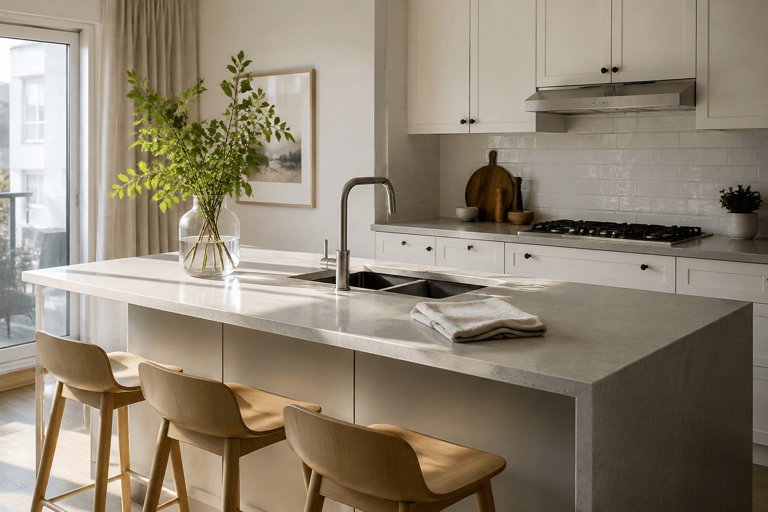 A freshly cleaned kitchen with oak details and soft sunlight